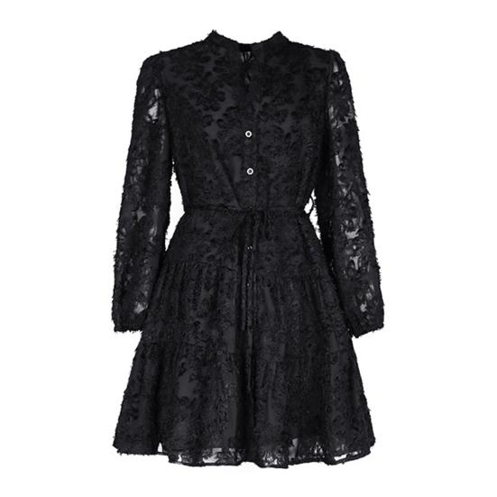 Fall Spring Women Dress Round Neck Lace Applique Long Sleeves Button-down Lace-up Strap Slim Waist A-line Big Hem Dating Party Midi Dress
