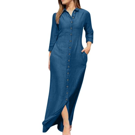 Spring Summer Women Dress Loose Pure Color Single-breasted Side Pockets Lapel V Neck Long Sleeves Split Hem Soft Breathable Casual Ankle Length