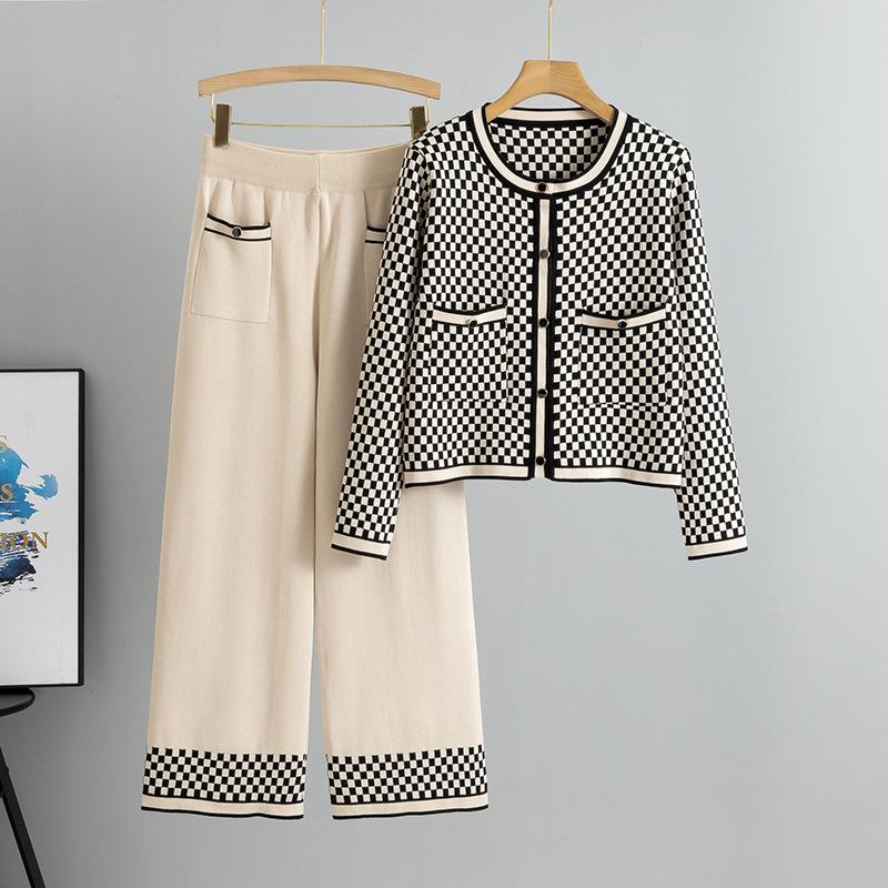 Women's Spring New Fashion Casual Plaid Sweater Wide Leg Pants Knit Two Piece Set