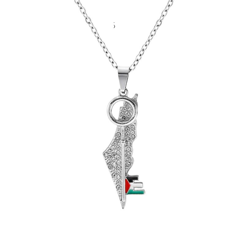 Zinc Alloy Key Shape Map Crystal Pendant Necklace Middle East Geometric Personalized Charm Jewelry Minimalist Accessories