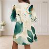Women Plus Size V Neck Long Sleeve Loose Fit Printed Dress Green Beige Abstract Leaf Pattern