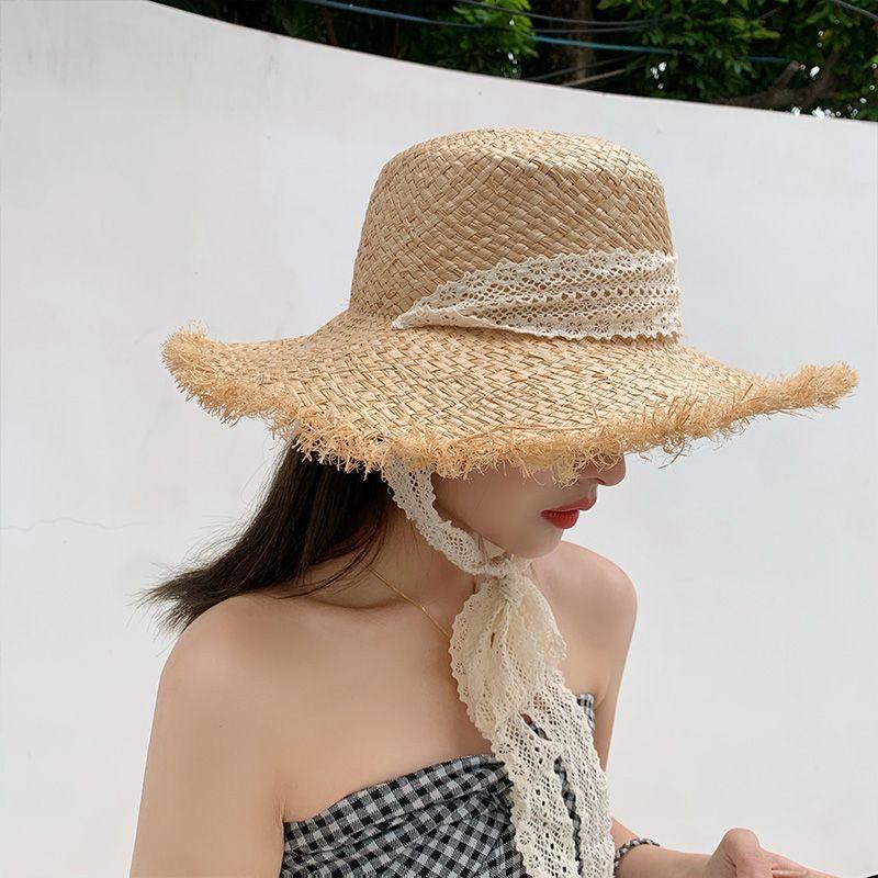 Lace Lafite woven flat top hat summer rough edge sun protection seaside beach lace sun visor