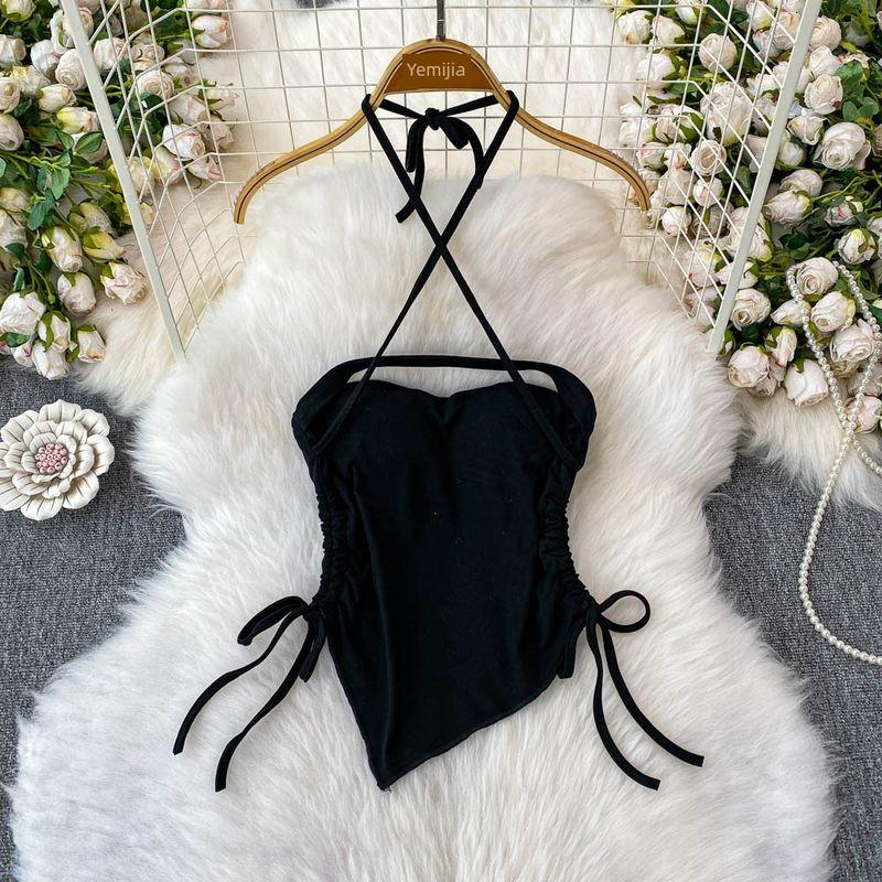 Gyaru Sexy Shoulder Strap Chest Pad Halter Top Women Summer Drawstring Slim Fit Slimming Irregular Short Top