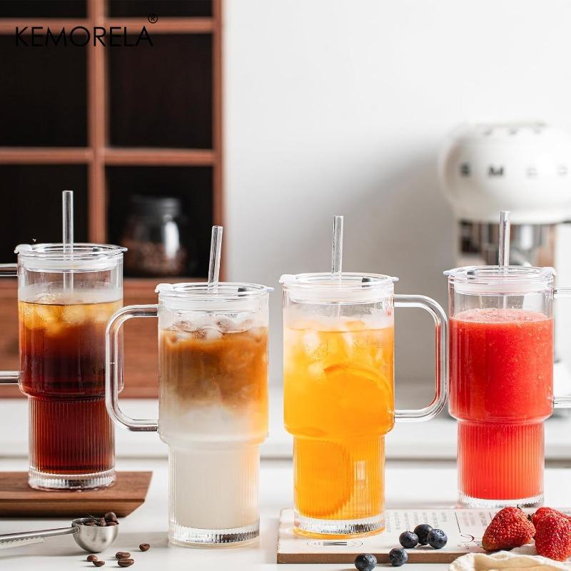 Стеклянный стакан 750 мл с ручкой и крышкой 1/2 шт. Большие стаканы для кофе со льдом с трубочками Современная стеклянная кружка для холодных и горячих напитков Сок