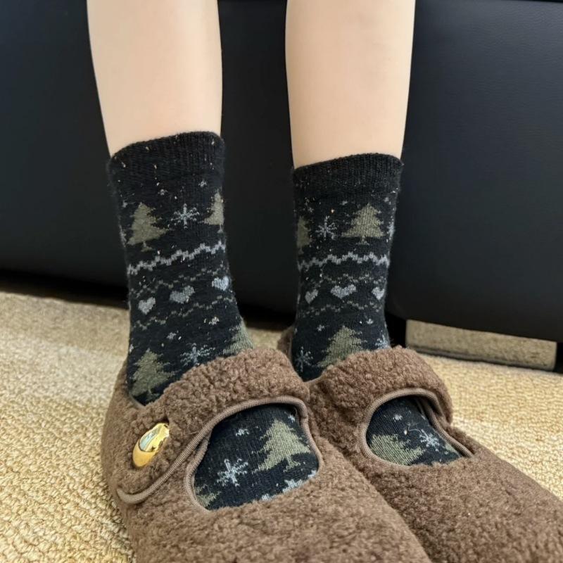 Остров Рождества | Шерстяные носки в корейском стиле, утолщенные носки средней длины, детские носки из точечной пряжи в стиле ретро, теплые носки для наслоения