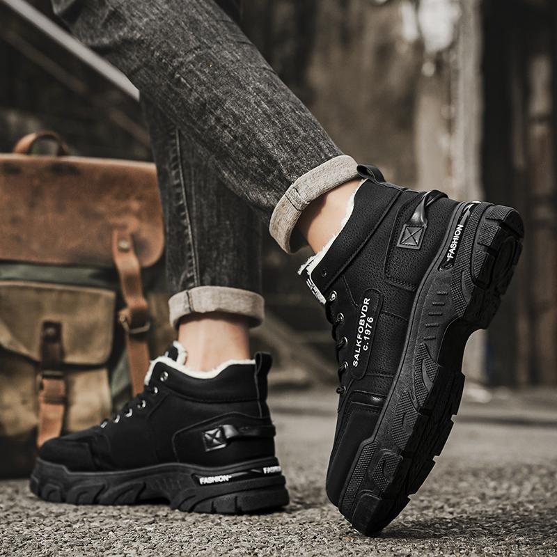 Модная мужская обувь Зимняя плюшевая хлопковая обувь Мужская модная универсальная рабочая обувь на высокой платформе Износостойкие повседневные короткие ботинки