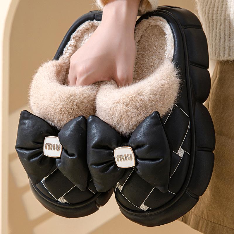 Женские зимние хлопковые тапочки с бантом на высоком каблуке - толстая подошва, плюс бархат, теплая повседневная одежда