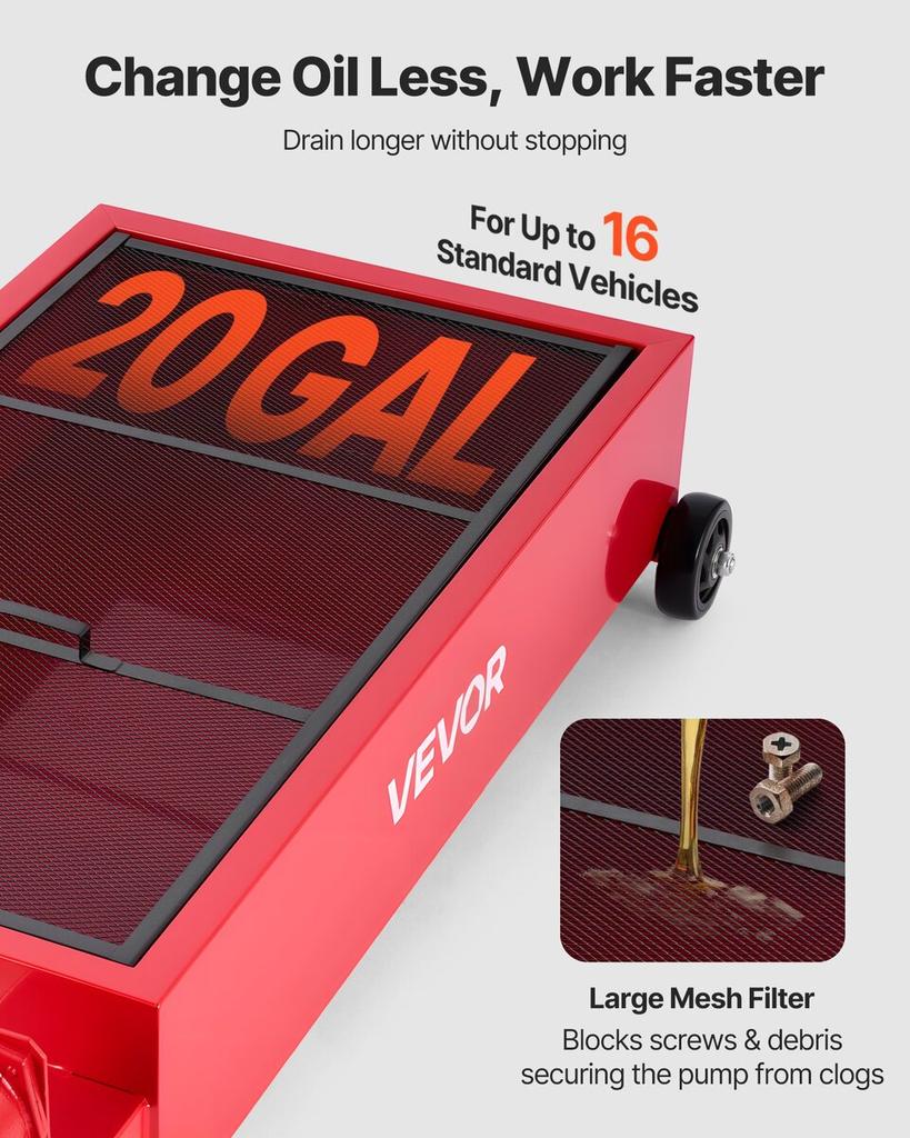 Low Profile Oil Drain Pan, 75.7 L Capacity, Rolling Oil Drain Pan with Manual Pump, 2.2 m Hose & T Folding Handle, Leak-proof & Corrosion-resistant,