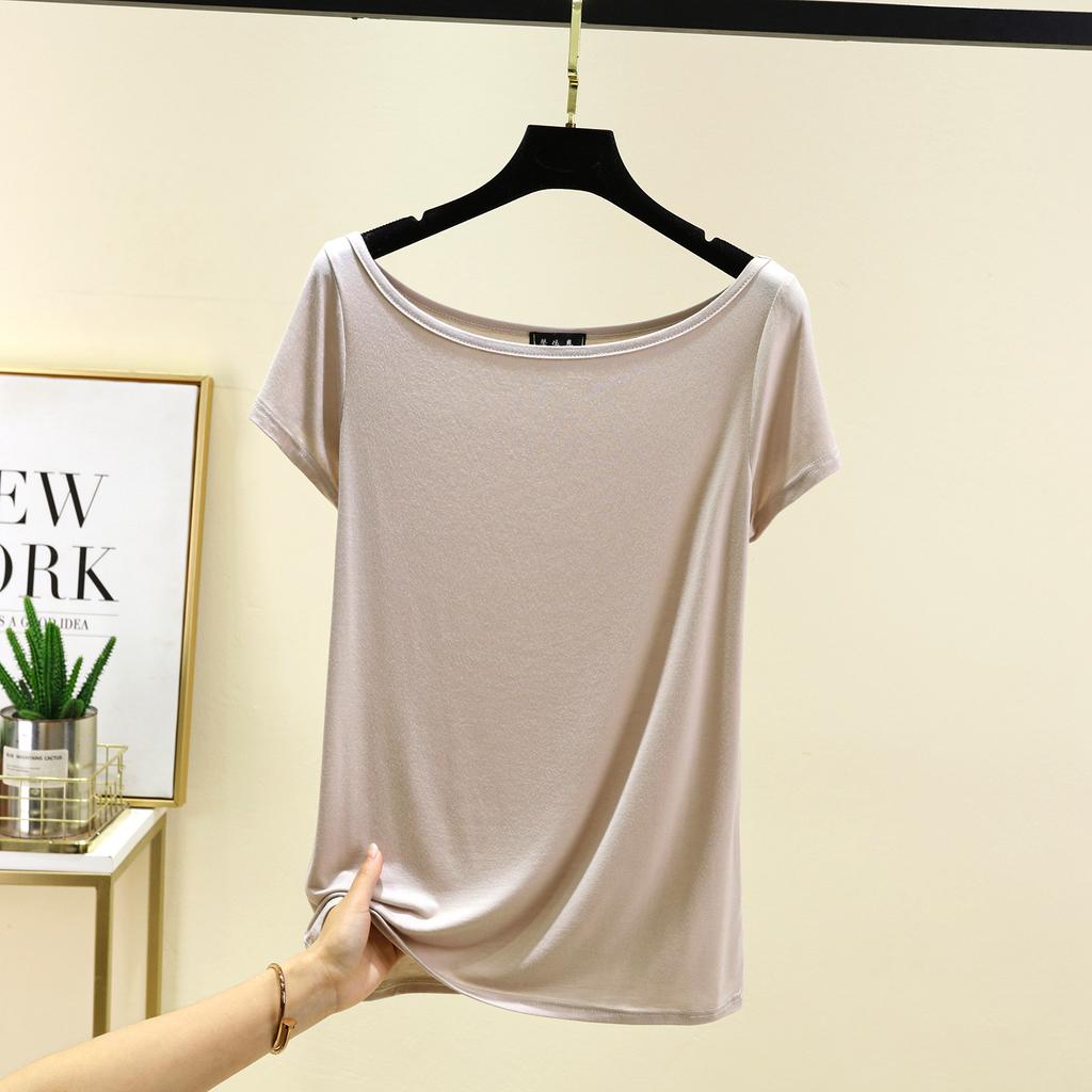 Модал с короткими рукавами и открытой спиной Футболки женские лодочки с открытыми плечами Футболка Однотонный цвет Свободный базовый слой Топ Большие размеры простые Майки