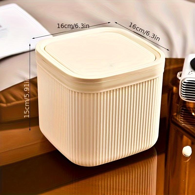 Square Press Type Mini Trash Can Quiet Close Elegant Ribbed Design with Golden Accents Plastic Desktop Bin Bathroom Home Use