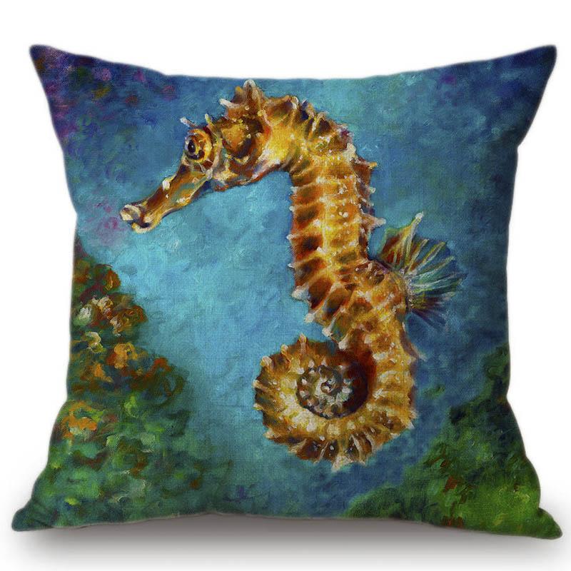 Summer Home Decoration Oil Painting Tropical Ocean Fish Sofa Throw Pillow Cover Nemo Fish Cotton Linen Cushion Cover Cases