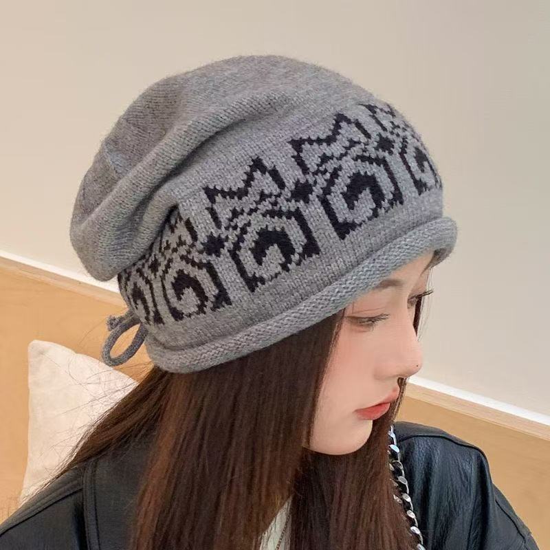Hat Women's Autumn and Winter Baotou Hat Star Drawstring Stacking Hat Small Wool Hat Warm and Cold Knitted Curling