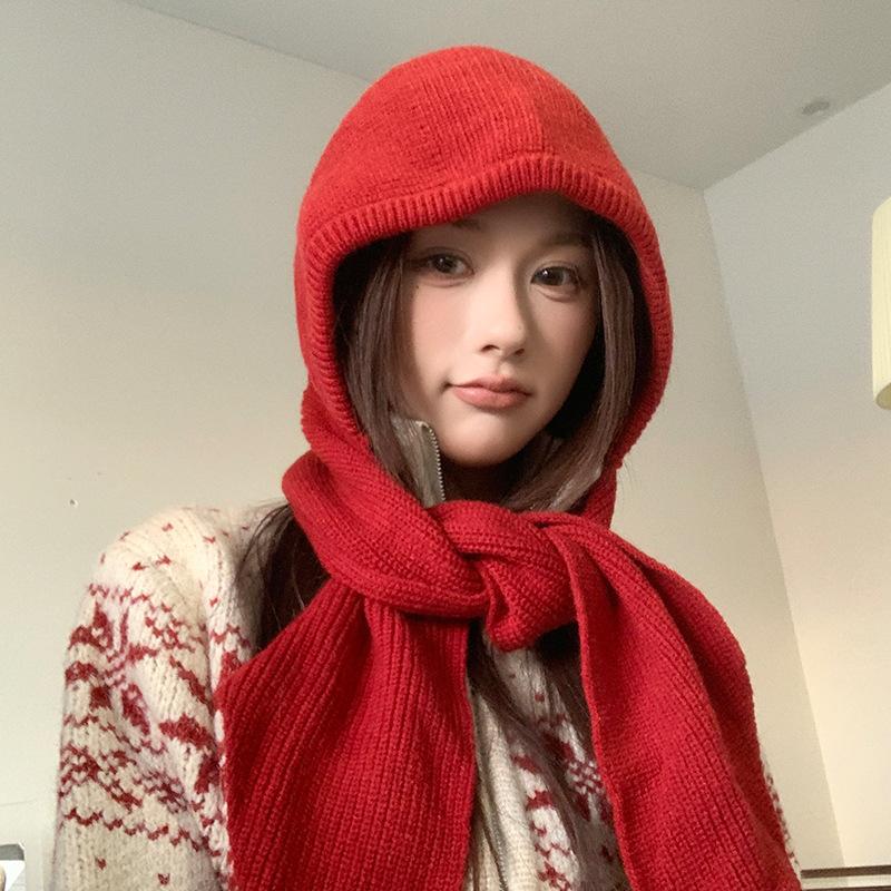 Red Balaclava for Women In Autumn and Winter Warm Ear Protection  Neck Scarf  Woolen Knitted Hat and Scarf All In One