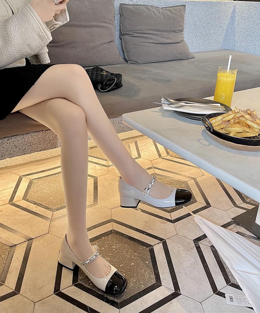 Grape mother same style round head color matching one-word buckle pearl chain French high-heeled Mary Jane single shoes women
