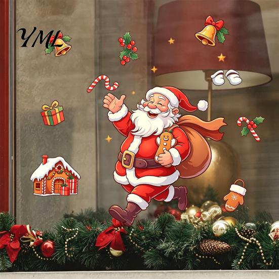 Removable Glass Stickers Santa Claus Static Window Cling, Christmas with Running Santa, Candy Gift for Cane & Bell, Reusable PVC Holiday Decor