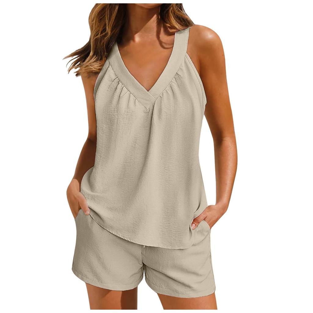 Women's Solid Color Loose V-Neck Pullover Sleeveless Casual Top With Pockets Shorts Set