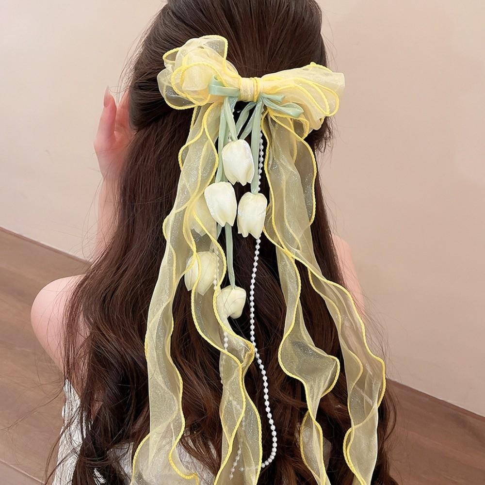 Fairy Style Tulip Hair Clips Pendant Tassel Organza Bowknot Barrette Feminine