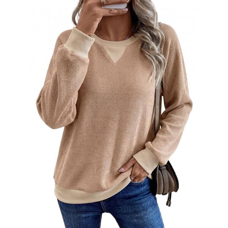 2026 Fall Womens Casual Pullover Color Block Waffle Knit Long Sleeve T-Shirt