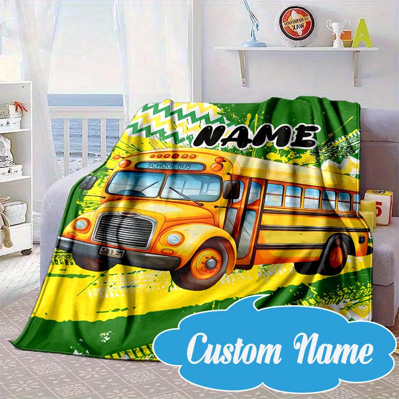 Custom Name School Bus Adventure Blanket bed sofa Blanket Flannel Blanket for Camping, Hiking, Picnic Essentials,gift for Fan family
