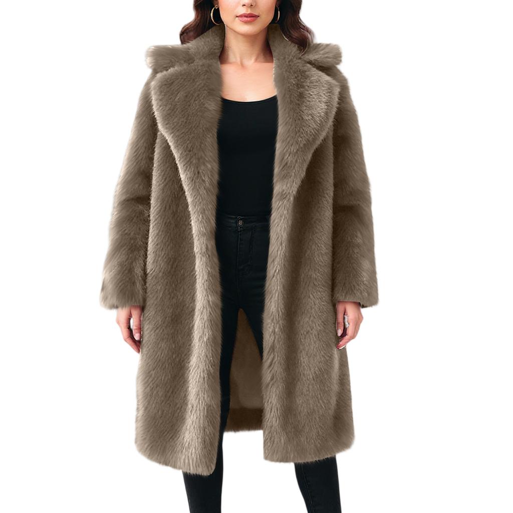 Women's Fashionable Warm Long Sleeve Solid Color Furry Long Coat With Turned Collar