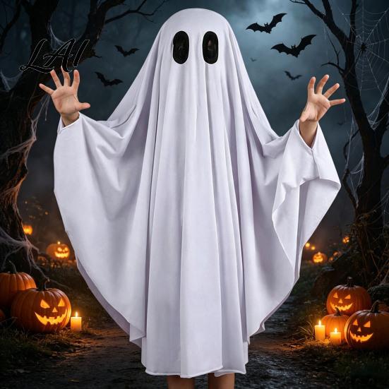Halloween Fancy Dress Ghost Costume for Kids Adults Cosplay Dress Adult Cloak Spooky White Cape with Black Eye Holes Easy Wear Suit
