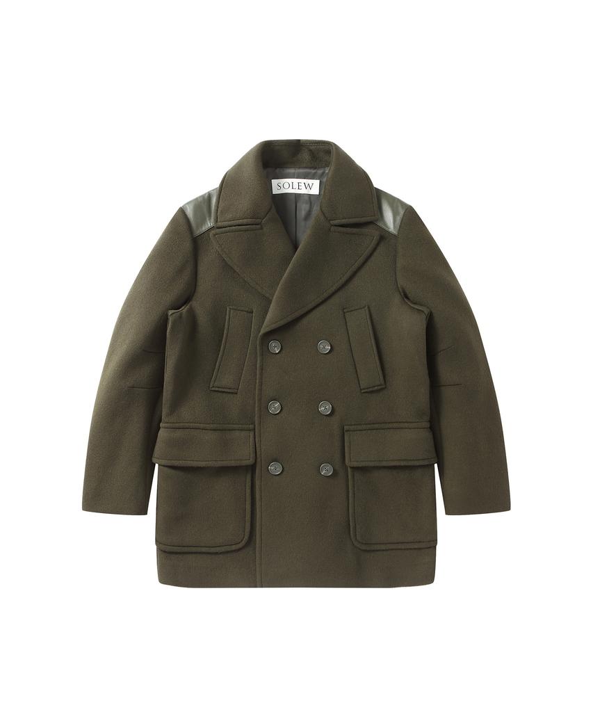 Solew Double-Breasted Leather Patched Coat_Olive Green