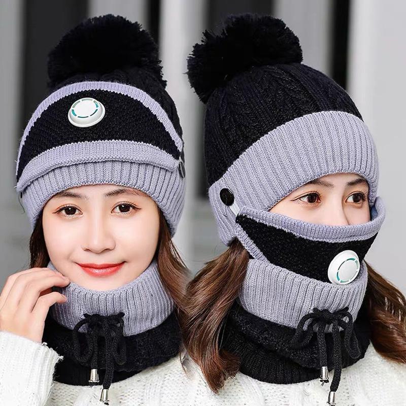 Fashionable Cycling Hat, Ear Protection Wool Hat, Mask Scarf, Knitted Warmth, with Breathing Valve, Three Piece Cap Set, Winter Cycling Equipment