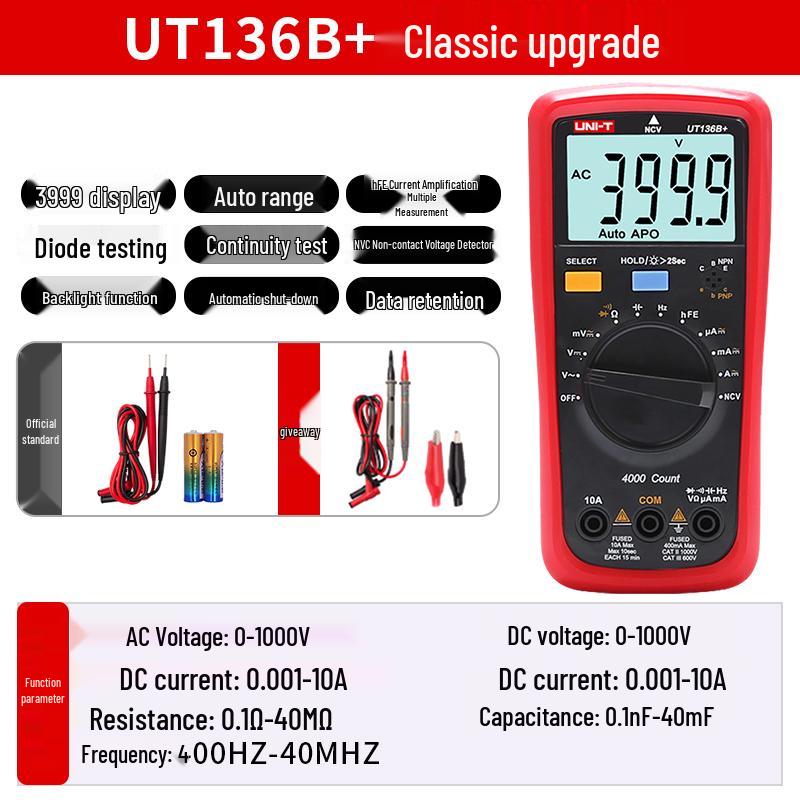 UNI-T UT33B+ High Precision Smart Digital Multimeter - Mini Anti-Burn Voltage Meter for Electricians