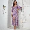 Summer Floral Print Women Dress V-Neck Casual A-Line High Waist Short Bubble Sleeve Straps Ankle-Length Slit Spring Dresses