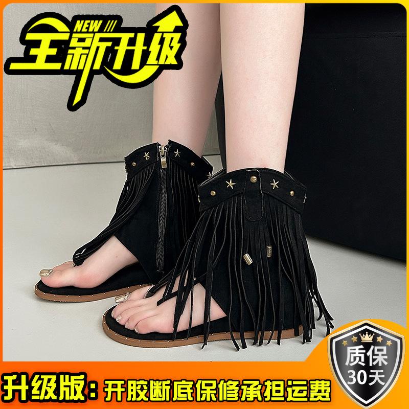 Кисточка заклепка римские сандалии женские 2025 лето новые елочка щипок внутренняя танкетка боковая молния крутые сапоги ковбойские сапоги