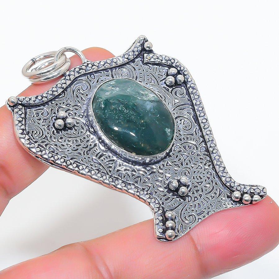 Natural Indian Moss Agate 925 Sterling Silver Jewelry Pendant 2.44" AP-10601