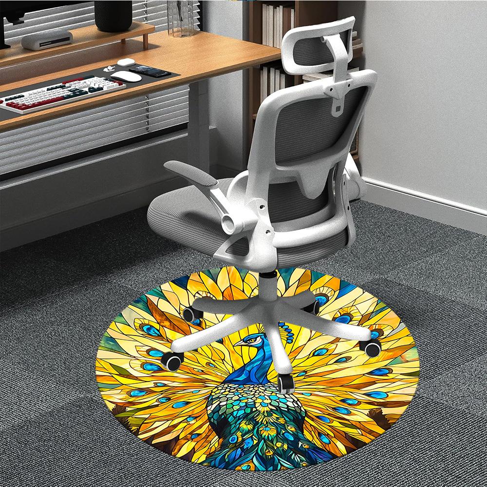1PC Peacock StainedGlass Office Round Area Rug, Mat Suitable For Office, Under Office Chairs Bedroom Living Room Home Decor, Room Deco