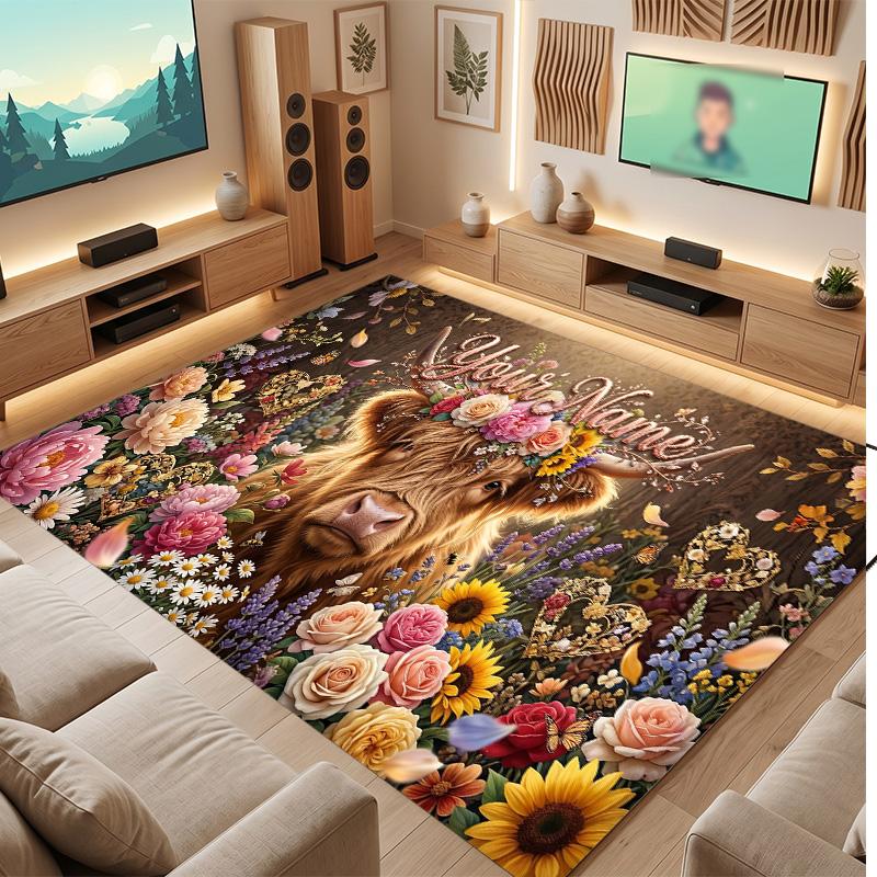 Highland Cow Theme Soft Crystal Velvet Rug Custom Name & Text Print Non Slip Floor Rug for Bedroom Living Room