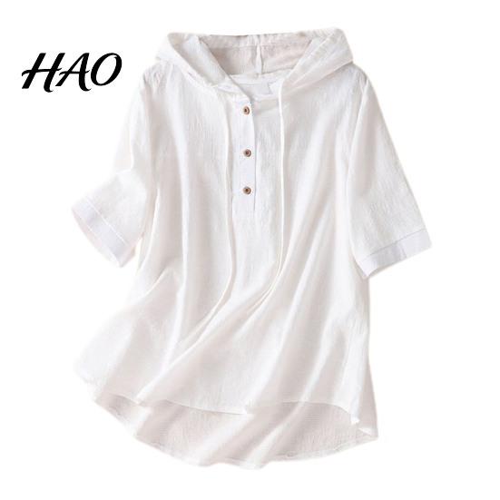 Women T-shirt Solid Color Hooded Buttons Half Placket Short Sleeve Short-sleeve Blouse Pullover Tops Drawstring Thin Loose Fit Regular