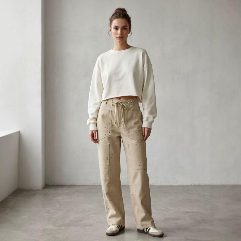 Womens Wide-Leg Jeans 8 Color Options Patchwork Splash Ink Design Mid-Rise Long Pants Casual Commute Style