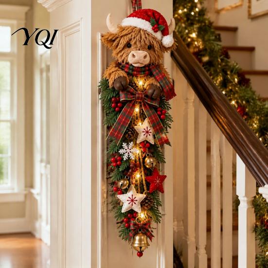Plush Highland Cow Ornament Lighted Christmas Door Swag, LED Hanging Decor with Plaid Ribbon Traditional Red Green Holiday And Berries, Farmhouse for