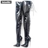 Thigh High Boots 18CM Super High Pointed-toe Back Laces PU Leather Boots Sexy Over-the-Knee Boots For Women