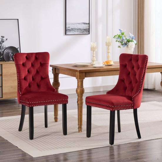 Classic Velvet Dining Chairs, High-end Tufted Solid Wood Contemporary Velvet Upholstered Dining Chair with Wood Legs, Set of 2, Wine