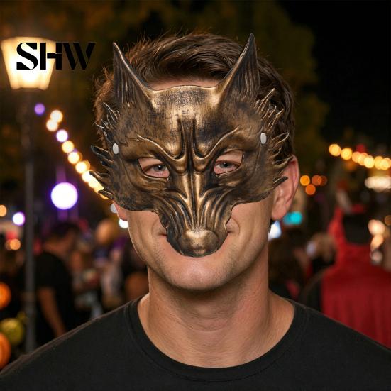 Durable Lightweight Carnival Props Black Gold Wolf Halloween Mask, 3D PU Foam Mardi Gras Party Unique Festival Masks for Cosplay Prop, Masquerade