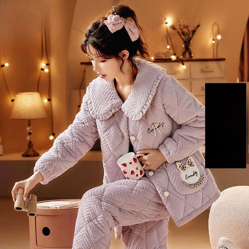Коралловая бархатная пижама женская зимняя трикотажная стеганая куртка из толстой фланели корейский кашемировый женский комплект домашней одежды можно носить на улице
