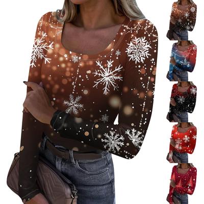 Женская мода Slim Bottom Casual с длинным рукавом и рождественским принтом пуловер с U-образным вырезом