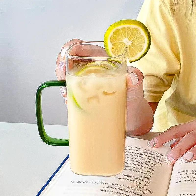 400 мл квадратная стеклянная кружка с крышкой и трубочкой для завтрака, молока, подходит для микроволновой печи, прозрачная кружка для вечеринки, пива, кофе, посуда для напитков, стекло