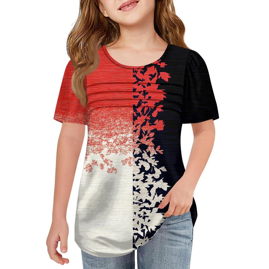 Детские футболки-складки, летние футболки с короткими рукавами и круглым воротником, с принтом цветов, пальто для отдыха