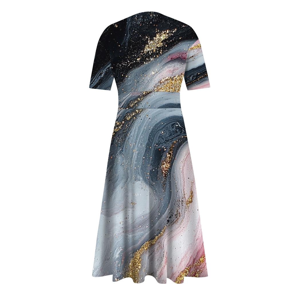 Ladies Casual Fashion Gradient Print V-Neck Short Sleeve Waist Long Swing Dress