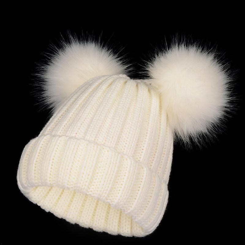 Детская / Взрослая 2-слойная осенне-зимняя новая женская шапка с двумя шариками, вязаная шапка из искусственного меха лисы, сохраняет тепло, вязаная шапка