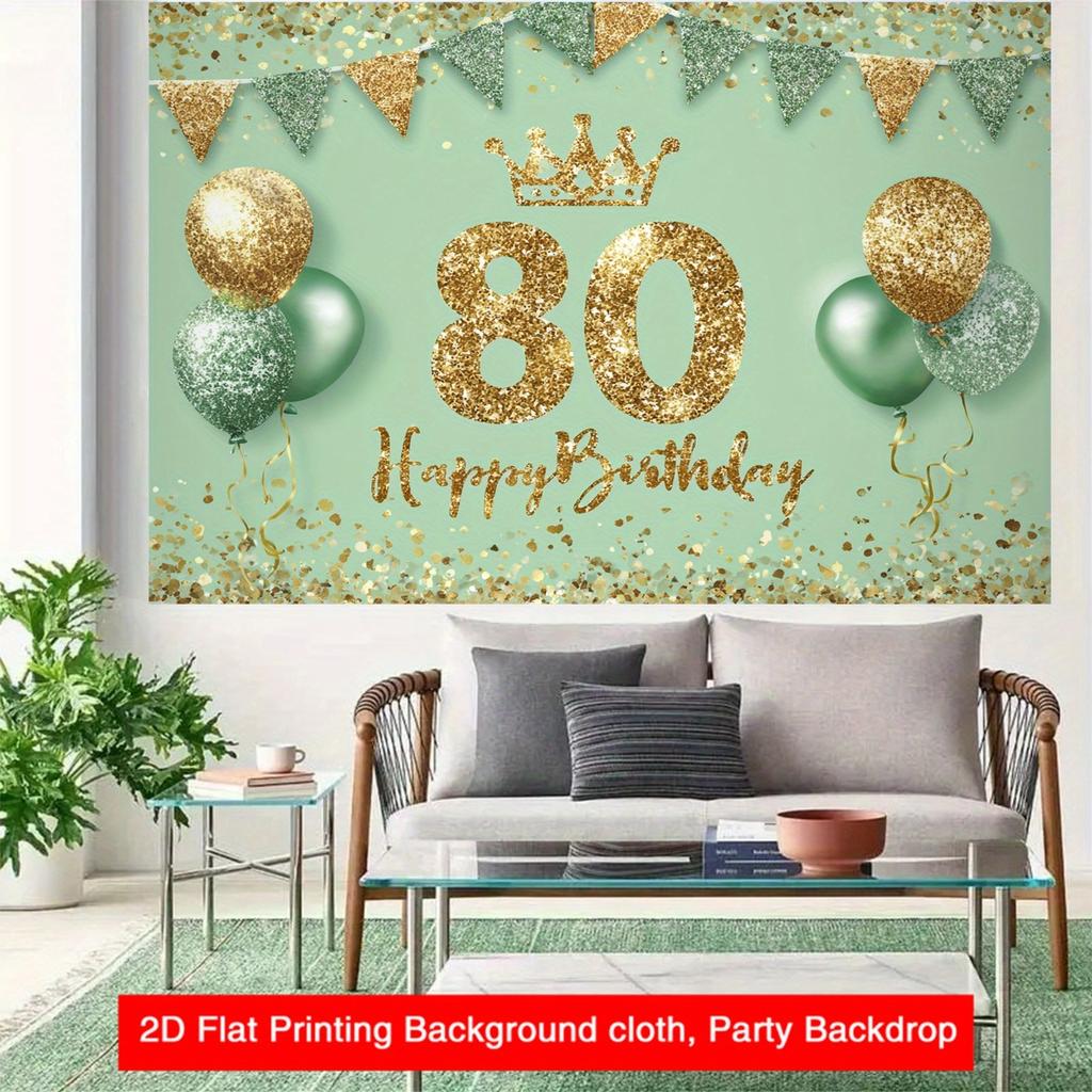 2D plane 1 elegant glittering 80th birthday backdrop wall decorated with golden and green balloons with the number 80