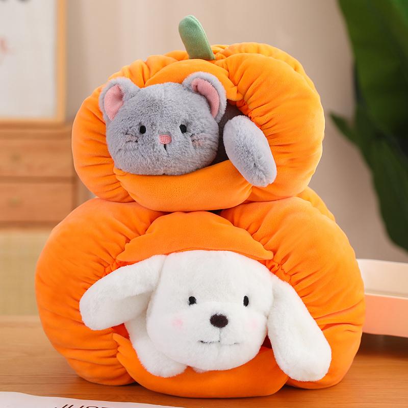 Cute Dog Cat Into Pumpkin Nest Soft Stuffed Pillow Sofa Decor Children Birthday Gift Anime Plush Toys Halloween Creative Doll