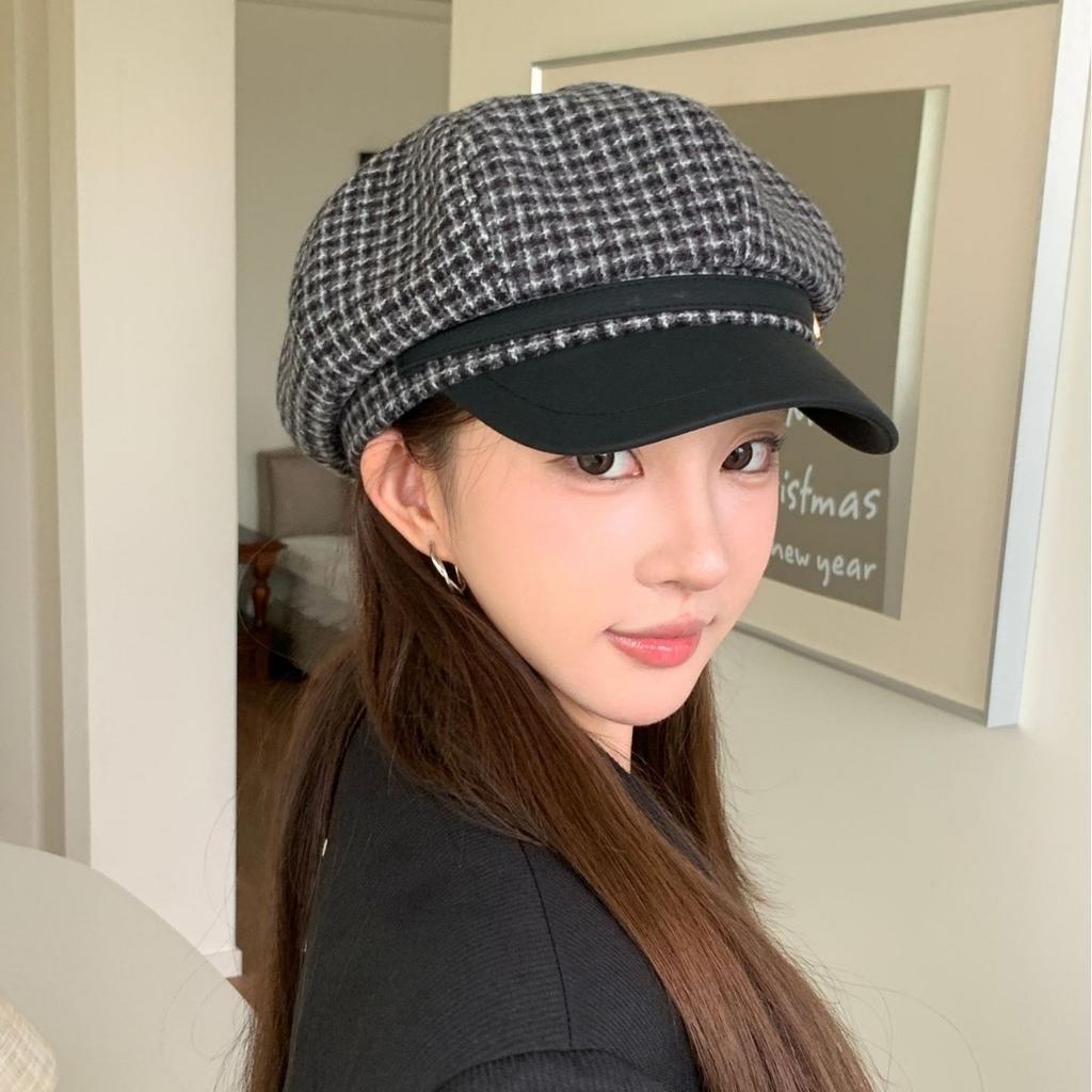 New retro plaid leather along octagonal hat children's autumn and winter trend metal buckle versatile fashionable face small painter hat