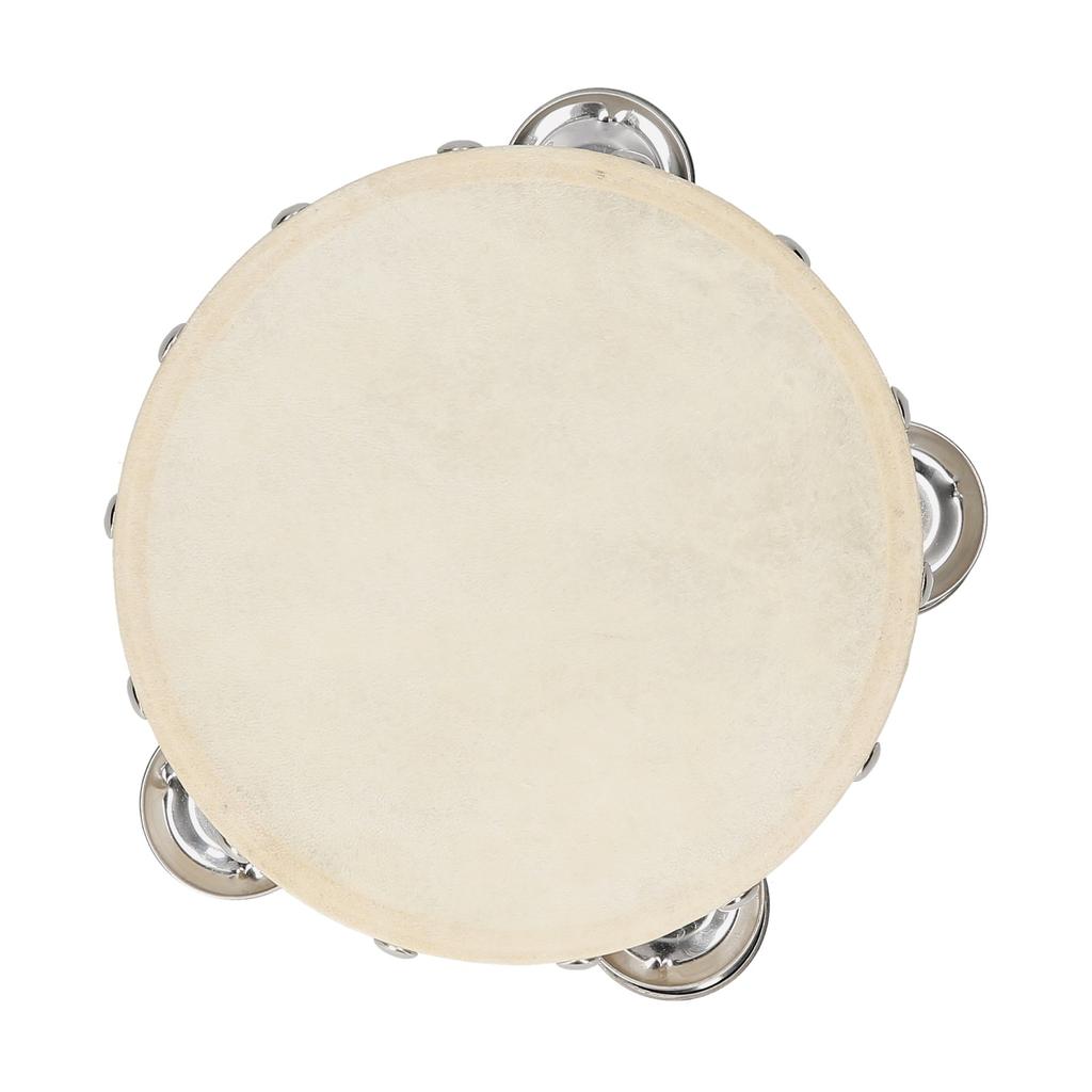 Hand Tambourine with Metal Single Row Jingles Sheepskin Drum Skin Wooden Tambourines