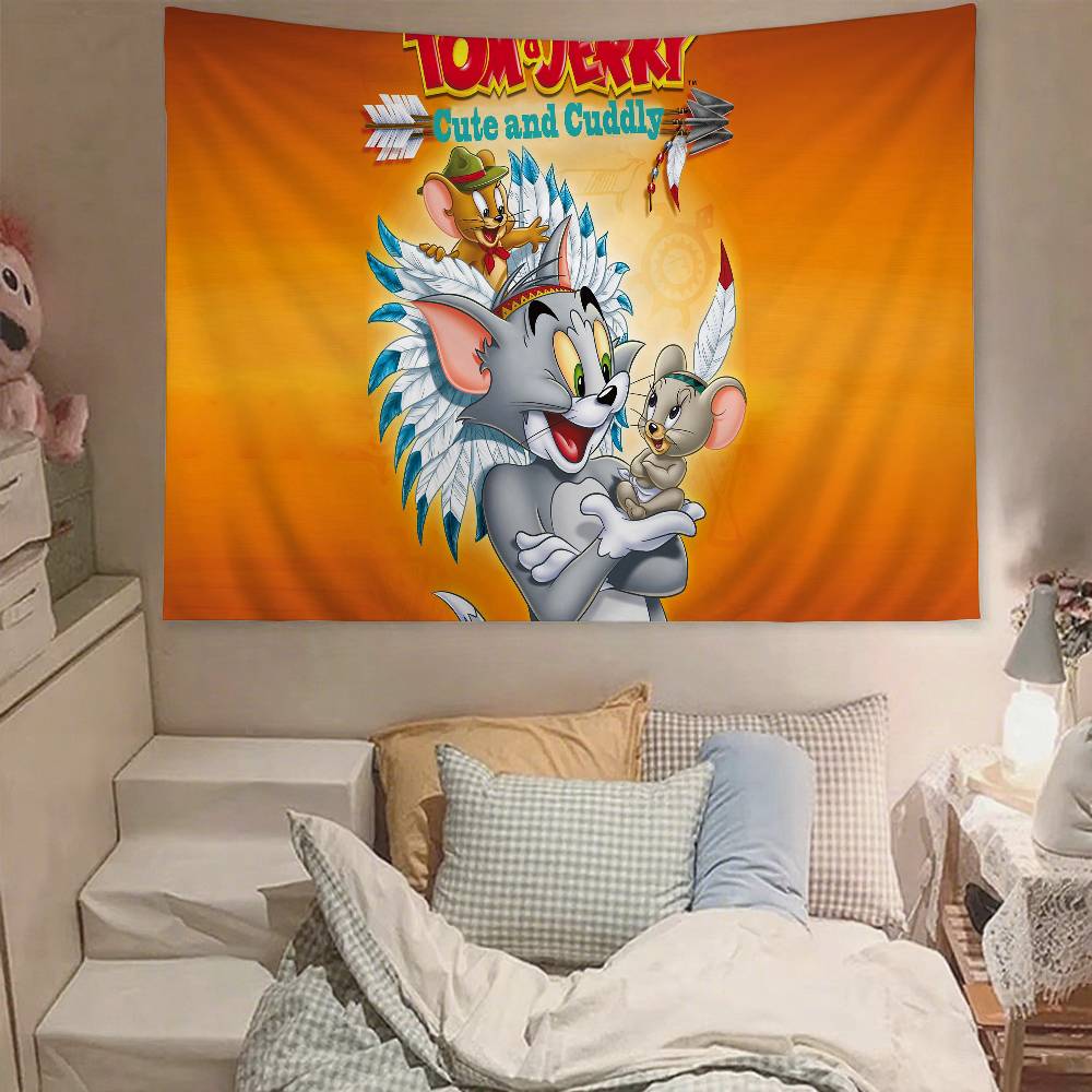 Cute TTom And Jerry Tapestry Wall Hanging Tapestry Art Deco Blanket Curtain Hanging At Home Bedroom Living Room Decor